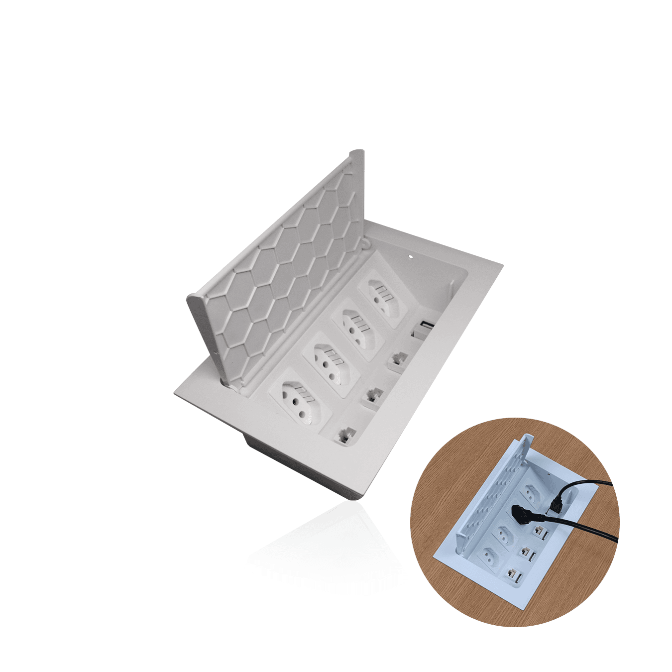 Caixa de Tomada Branca Para Embutir Em Mesa E Painel Com 4 Tomadas E 3 Conectores Cat5e Dutotec